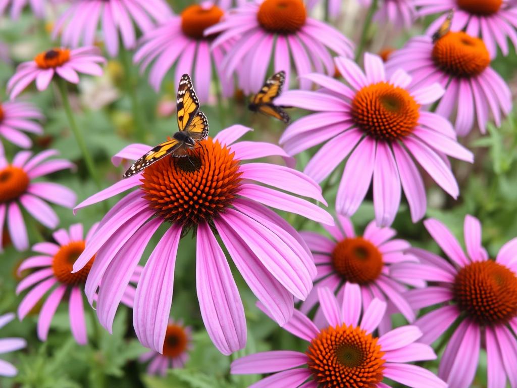 Coneflower with daisy-like purple blooms in a vertical garden pocket Coneflower with daisy-like purple blooms in a vertical garden pocket
