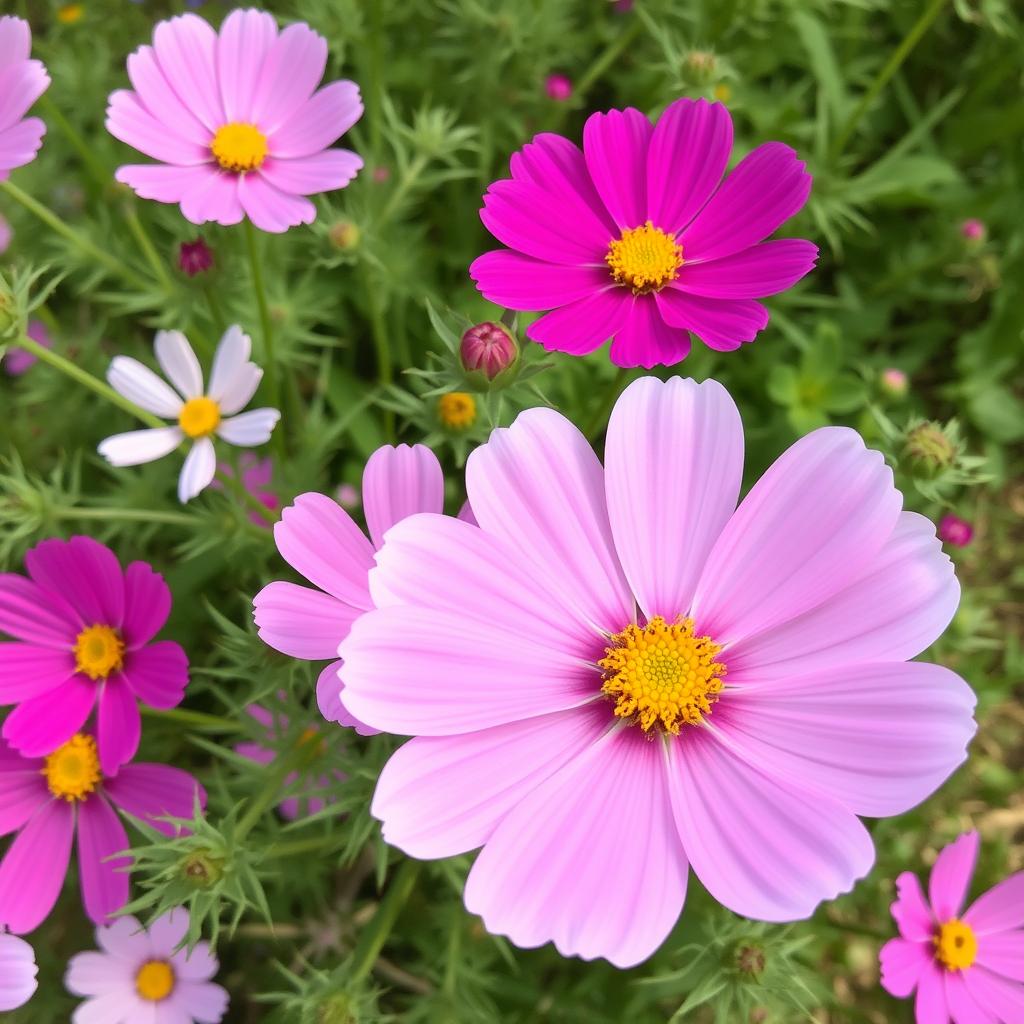 Cosmos flowers with feathery foliage and daisy-like blooms Cosmos flowers with feathery foliage and daisy-like blooms