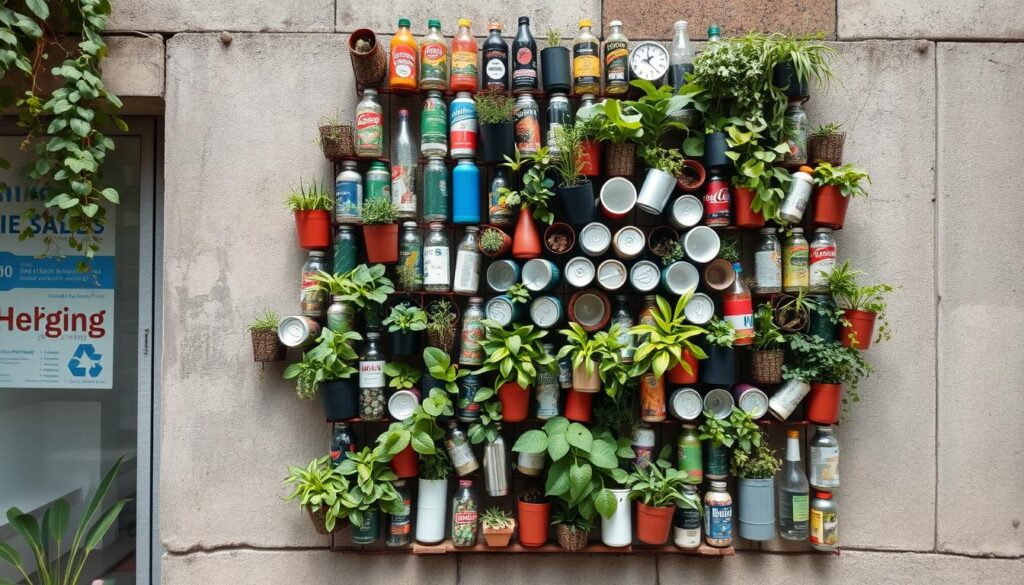 Creative vertical garden using recycled materials in an urban setting Creative vertical garden using recycled materials in an urban setting