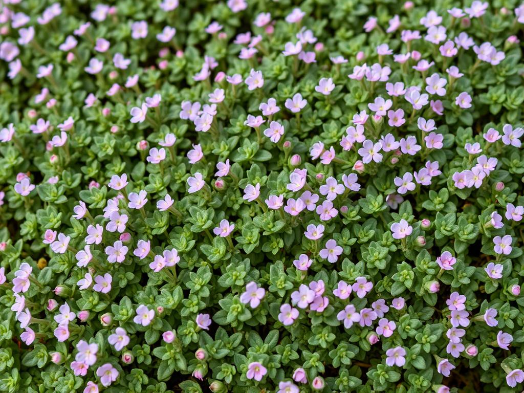 Creeping thyme with small pink flowers spreading in a vertical garden pocket Creeping thyme with small pink flowers spreading in a vertical garden pocket