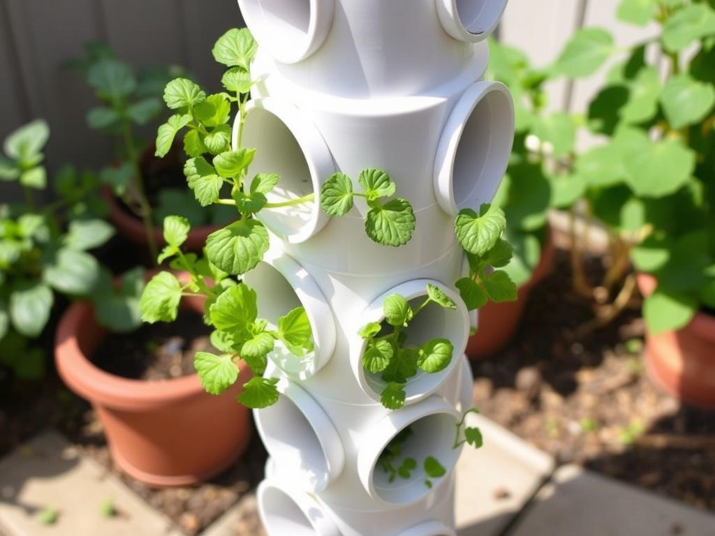 DIY PVC pipe tower garden with growing herbs and lettuce DIY PVC pipe tower garden with growing herbs and lettuce