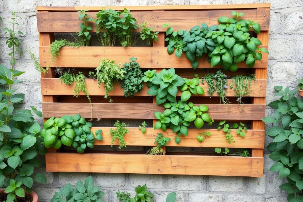 DIY pallet garden with herbs and flowers growing from the spaces DIY pallet garden with herbs and flowers growing from the spaces