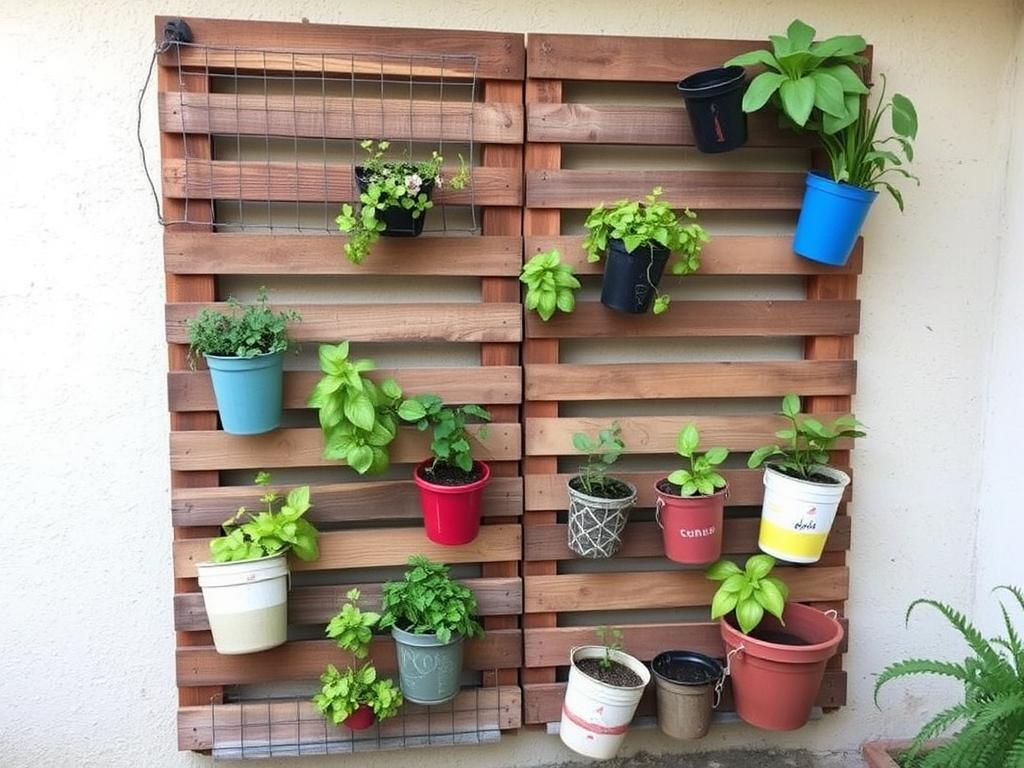 DIY vertical garden made from repurposed materials including wooden pallets and wire fencing DIY vertical garden made from repurposed materials including wooden pallets and wire fencing