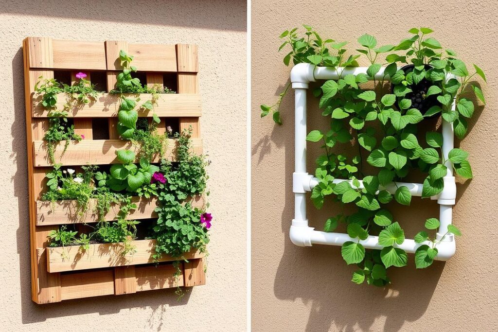 DIY vertical garden made from repurposed materials like wooden pallets and PVC pipes DIY vertical garden made from repurposed materials like wooden pallets and PVC pipes