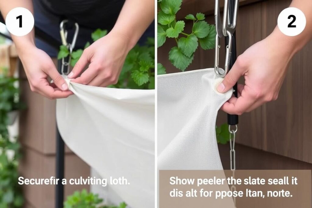 Demonstration of attaching shade cloth to a vertical garden structure Demonstration of attaching shade cloth to a vertical garden structure