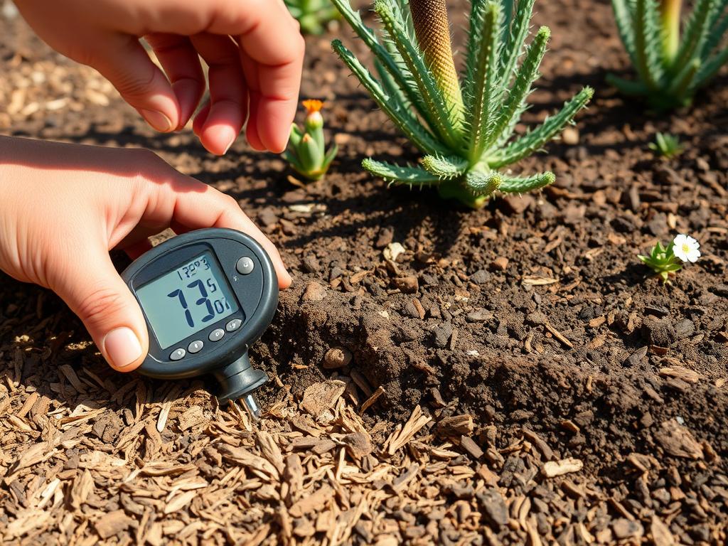 Demonstration of checking soil moisture beneath mulch in an arid garden Demonstration of checking soil moisture beneath mulch in an arid garden