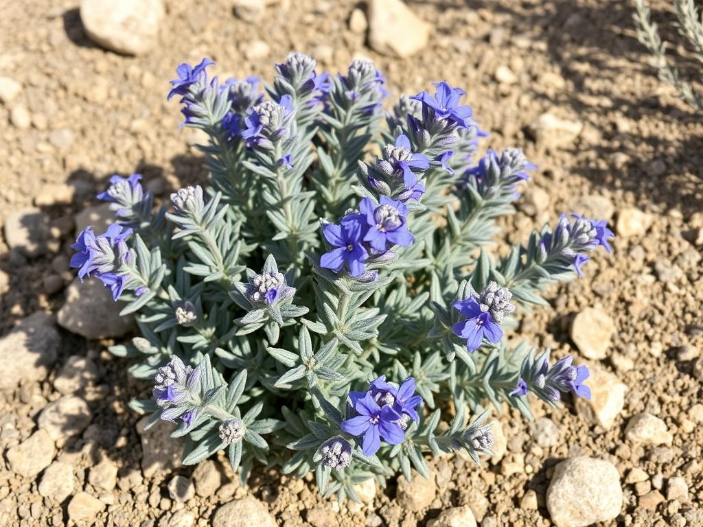 Desert sage plant with aromatic leaves growing in dry soil, illustrating how native drought-tolerant plants provide culinary and medicinal benefits in arid regions Desert sage plant with aromatic leaves growing in dry soil, illustrating how native drought-tolerant plants provide culinary and medicinal benefits in arid regions