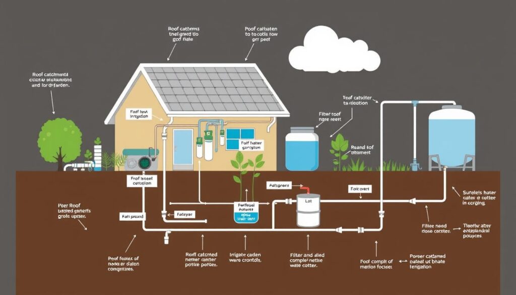 Diagram of a complete rainwater harvesting system for garden use in low-rainfall areas Diagram of a complete rainwater harvesting system for garden use in low-rainfall areas