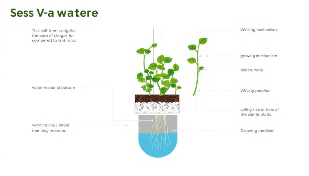 Diagram of a self-watering vertical garden system with water reservoir and wicking mechanism Diagram of a self-watering vertical garden system with water reservoir and wicking mechanism