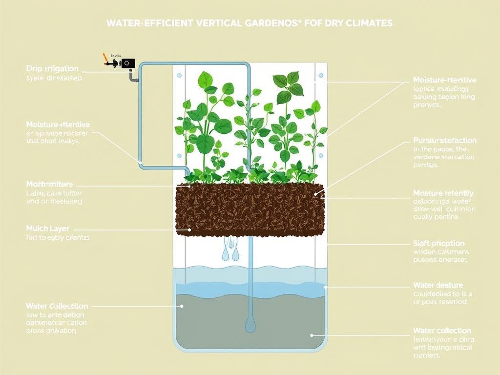 Diagram of a water-efficient vertical garden setup for dry climates Diagram of a water-efficient vertical garden setup for dry climates