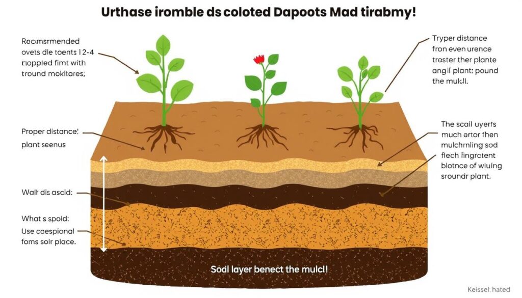 Diagram showing proper mulching technique with correct depth and placement around plants Diagram showing proper mulching technique with correct depth and placement around plants