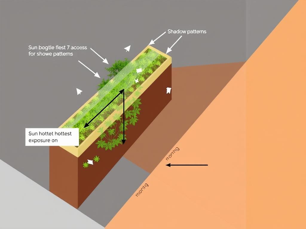 Diagram showing sun patterns across a vertical garden at different times of day Diagram showing sun patterns across a vertical garden at different times of day