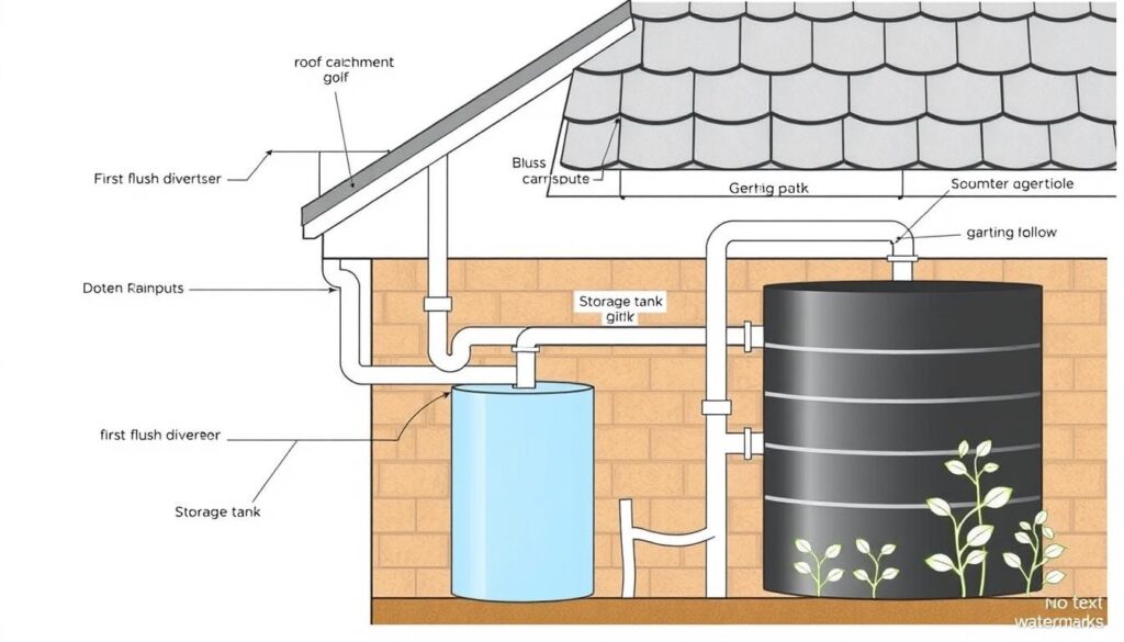 Diagram showing the components of a rainwater harvesting system for garden use in low-rainfall areas Diagram showing the components of a rainwater harvesting system for garden use in low-rainfall areas