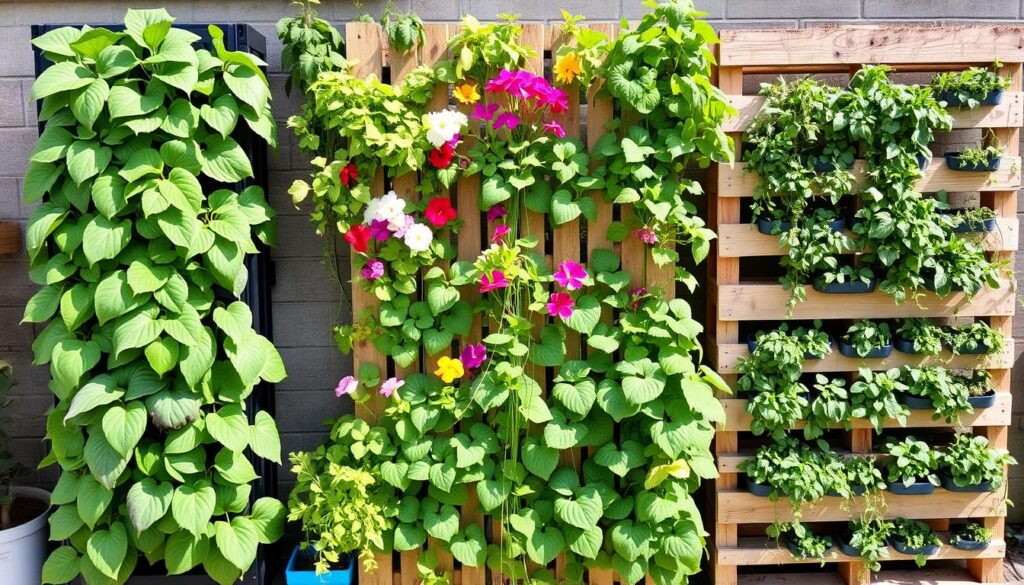 Different plants growing in various vertical gardening structures showing compatibility Different plants growing in various vertical gardening structures showing compatibility