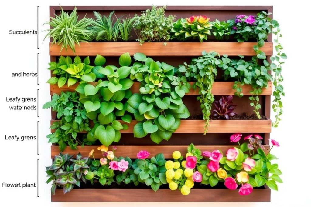 Different plants with varying water needs in a vertical garden system Different plants with varying water needs in a vertical garden system