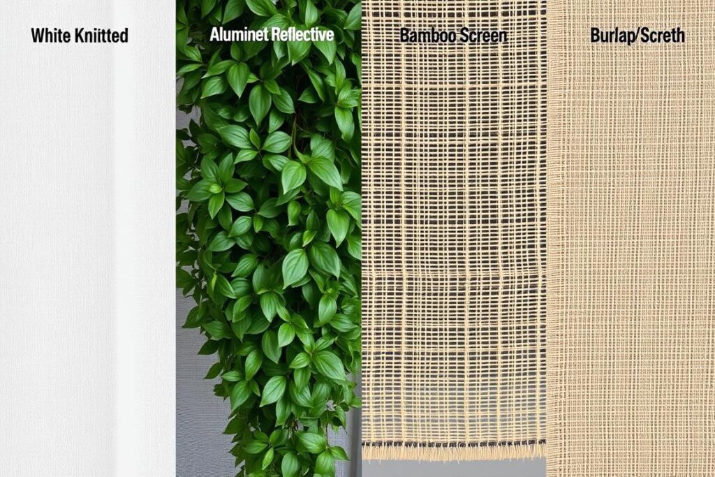 Different shade cloth materials for vertical gardens displayed side by side Different shade cloth materials for vertical gardens displayed side by side