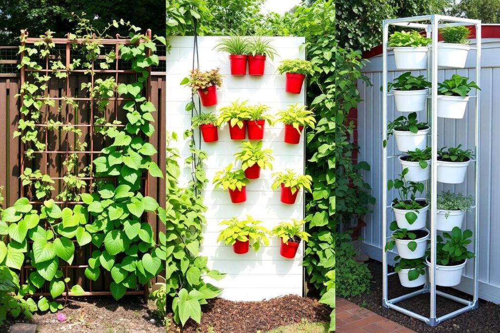 Different types of vertical gardening systems including trellises, wall planters, and tower gardens Different types of vertical gardening systems including trellises, wall planters, and tower gardens