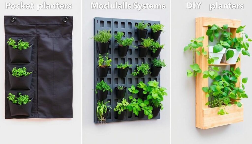 Different types of vertical wall planters including pocket planters, modular systems, and DIY wooden options Different types of vertical wall planters including pocket planters, modular systems, and DIY wooden options
