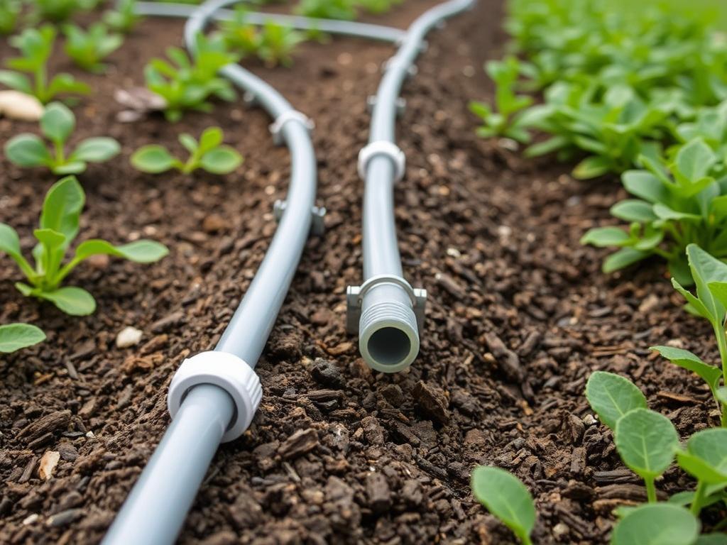 Distribution lines installed in garden beds with end caps Distribution lines installed in garden beds with end caps
