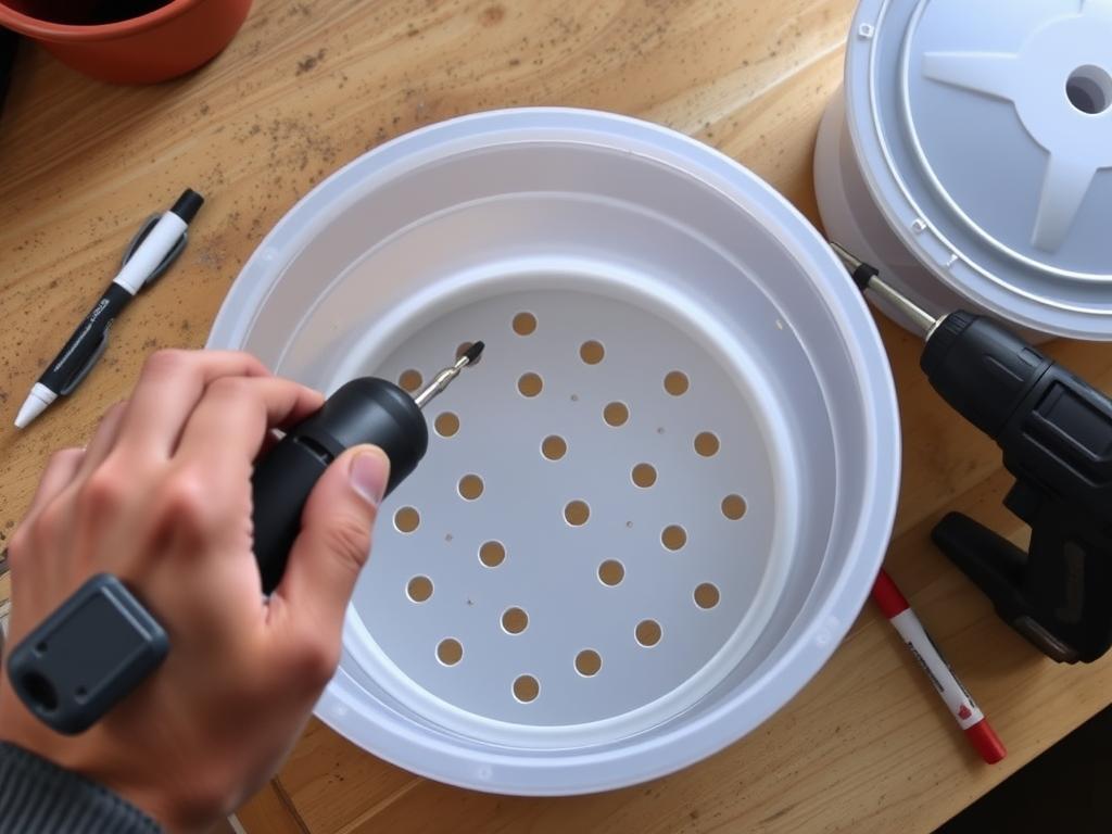 Drilling drainage holes in the bottom of a container for a self-watering system for drought-prone areas Drilling drainage holes in the bottom of a container for a self-watering system for drought-prone areas