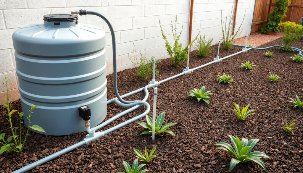 Drip irrigation system connected to a rainwater harvesting tank in a dry climate garden Drip irrigation system connected to a rainwater harvesting tank in a dry climate garden