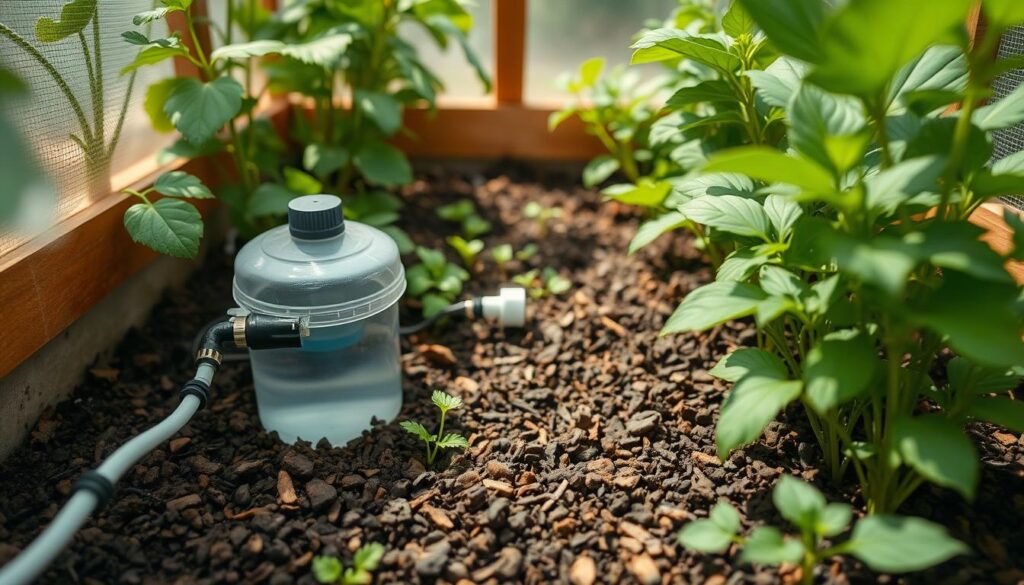 Drip irrigation system installed in a mini greenhouse cold frame with water-efficient setup Drip irrigation system installed in a mini greenhouse cold frame with water-efficient setup