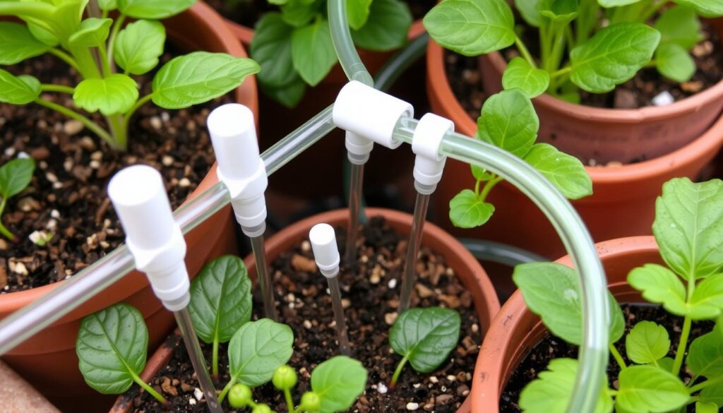 Drip irrigation system installed in a small container garden Drip irrigation system installed in a small container garden