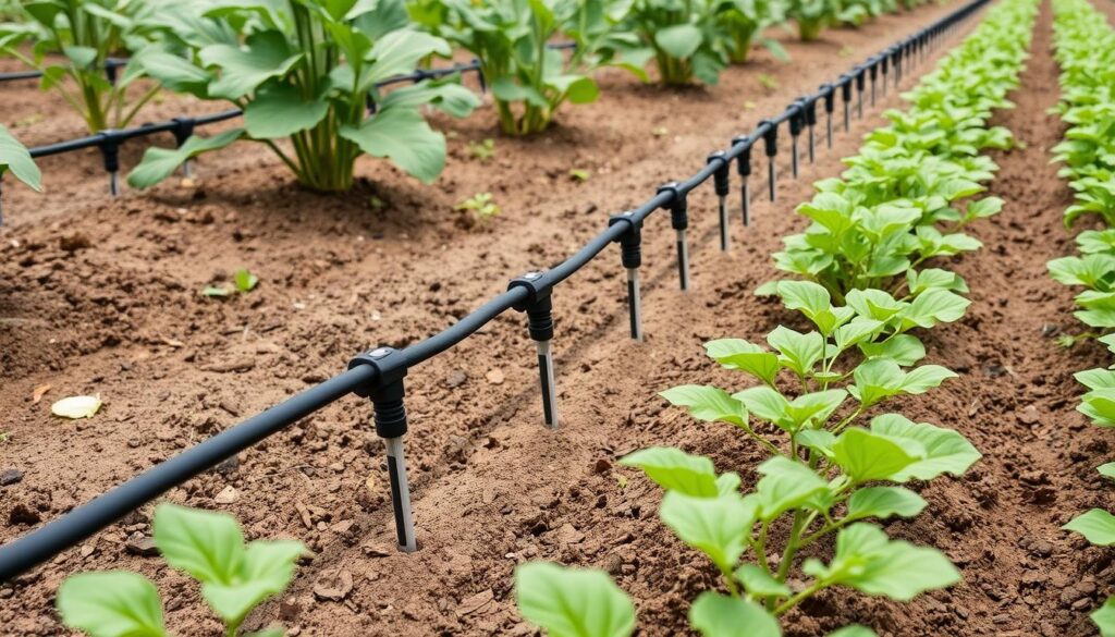 Drip irrigation system installed in a vegetable garden with water-saving benefits Drip irrigation system installed in a vegetable garden with water-saving benefits