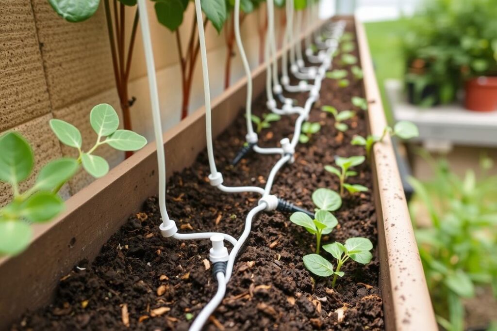 Drip irrigation system installed in a vertical gutter garden Drip irrigation system installed in a vertical gutter garden