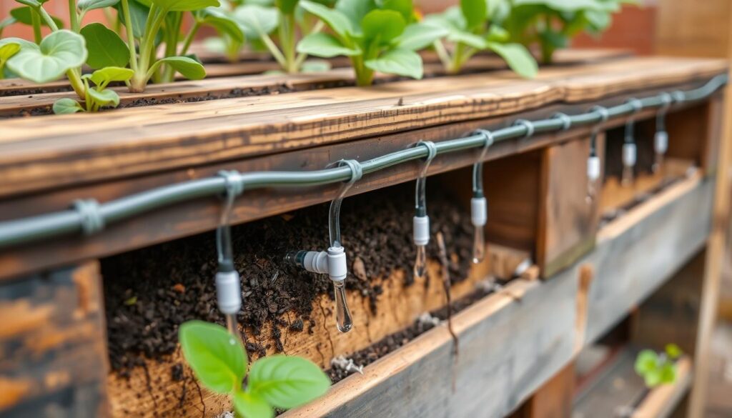 Drip irrigation system installed in a vertical pallet garden Drip irrigation system installed in a vertical pallet garden