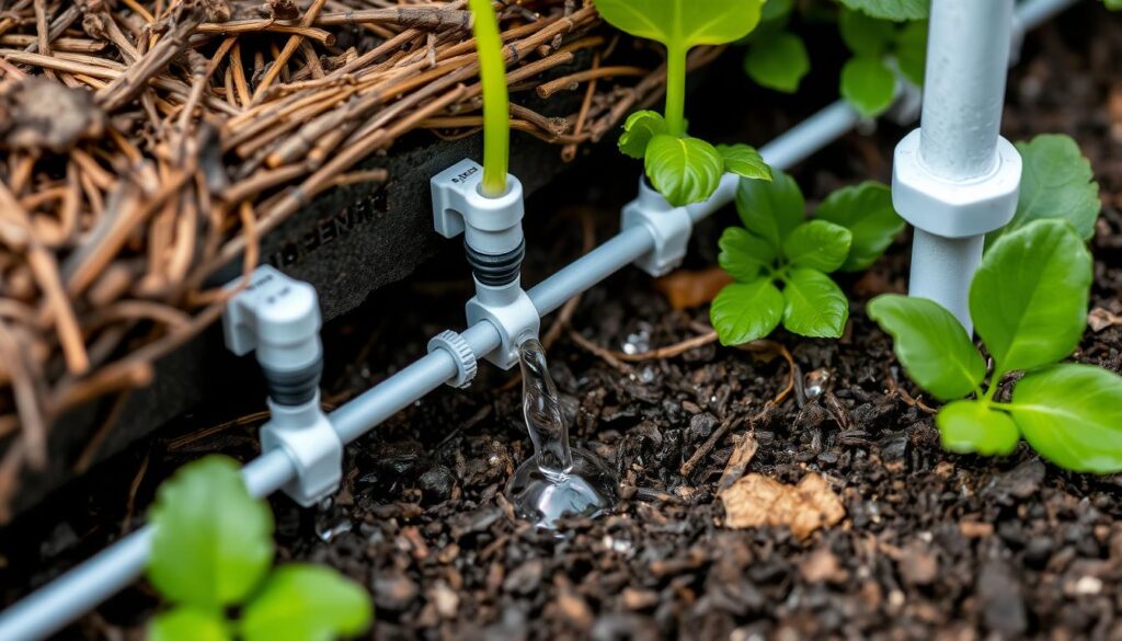 Drip irrigation system integrated with mulch in a vertical garden setup Drip irrigation system integrated with mulch in a vertical garden setup