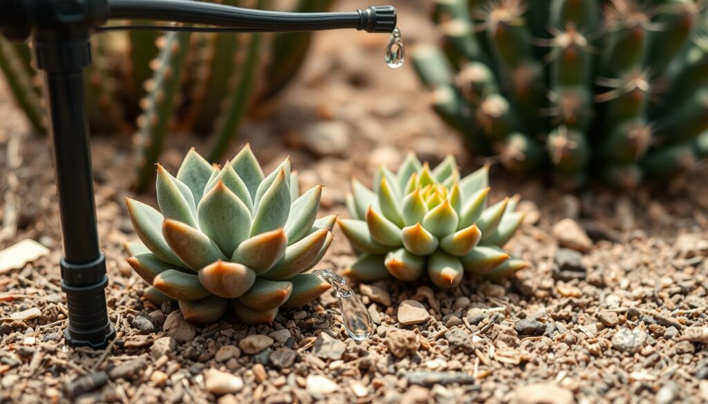 Drip irrigation system watering succulents and cacti in a dry climate garden Drip irrigation system watering succulents and cacti in a dry climate garden