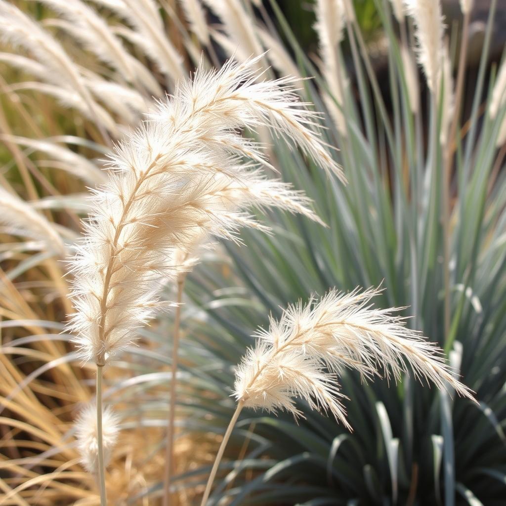 Drought-resistant ornamental grasses with seed heads catching light Drought-resistant ornamental grasses with seed heads catching light