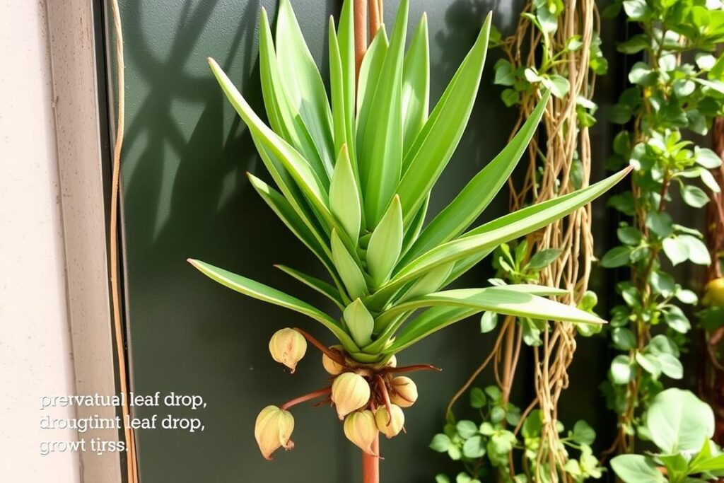 Drought-resistant plant showing premature leaf drop and stunted new growth due to water stress Drought-resistant plant showing premature leaf drop and stunted new growth due to water stress