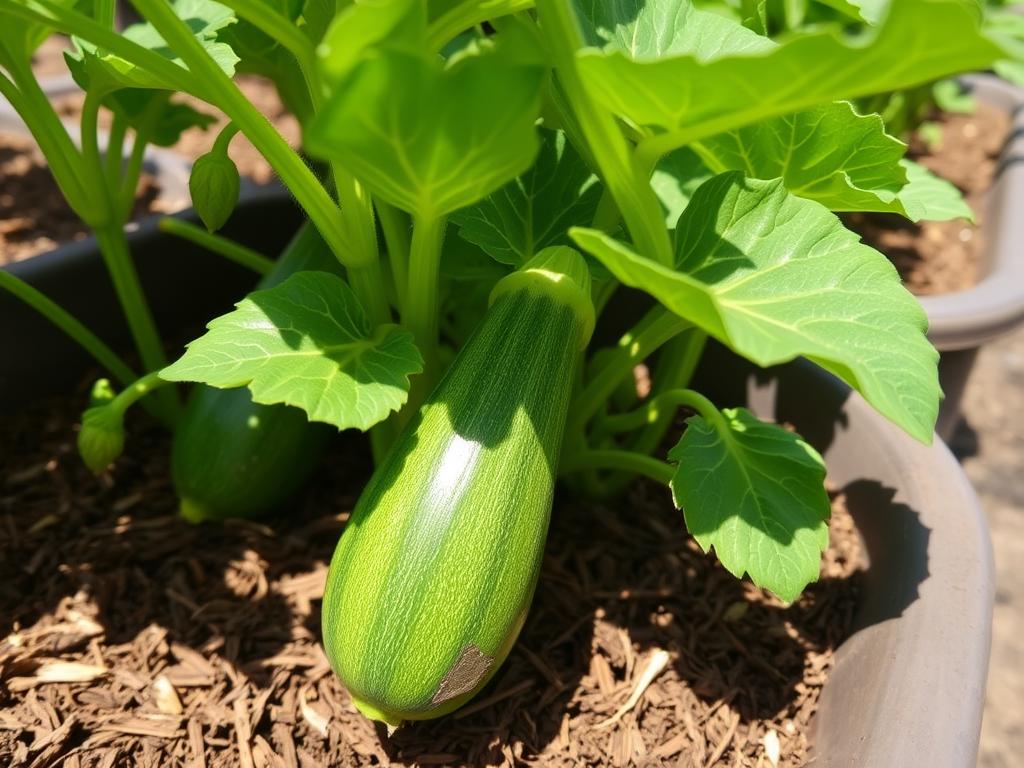 Drought-resistant zucchini growing in a container garden Drought-resistant zucchini growing in a container garden