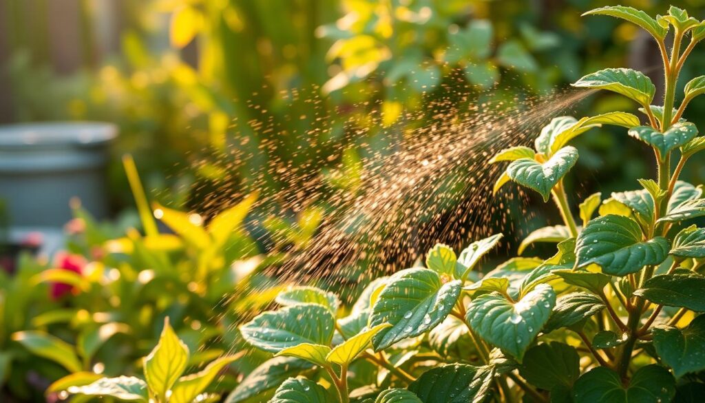 Early morning garden watering showing optimal timing for water-saving gardening practices Early morning garden watering showing optimal timing for water-saving gardening practices