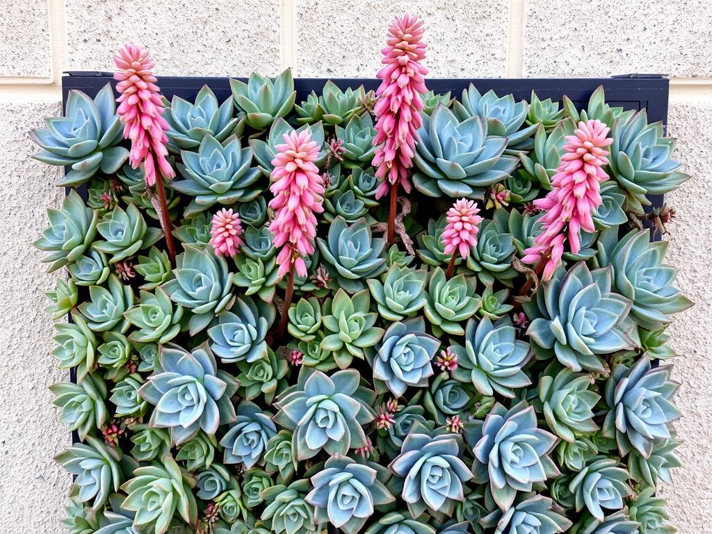 Echeveria with pink flower stalks emerging from rosettes in a vertical garden Echeveria with pink flower stalks emerging from rosettes in a vertical garden