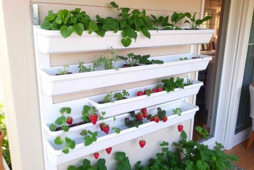 Edible wall vertical gutter garden with various food plants Edible wall vertical gutter garden with various food plants