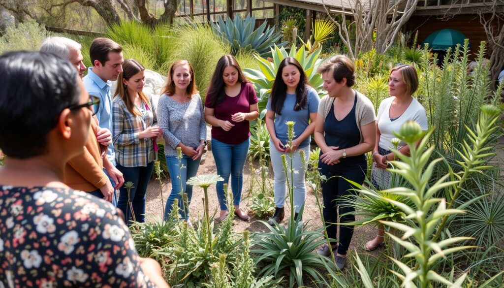 Educational workshop on native drought-tolerant plants at a botanical garden, showing how community learning supports sustainability in arid regions Educational workshop on native drought-tolerant plants at a botanical garden, showing how community learning supports sustainability in arid regions