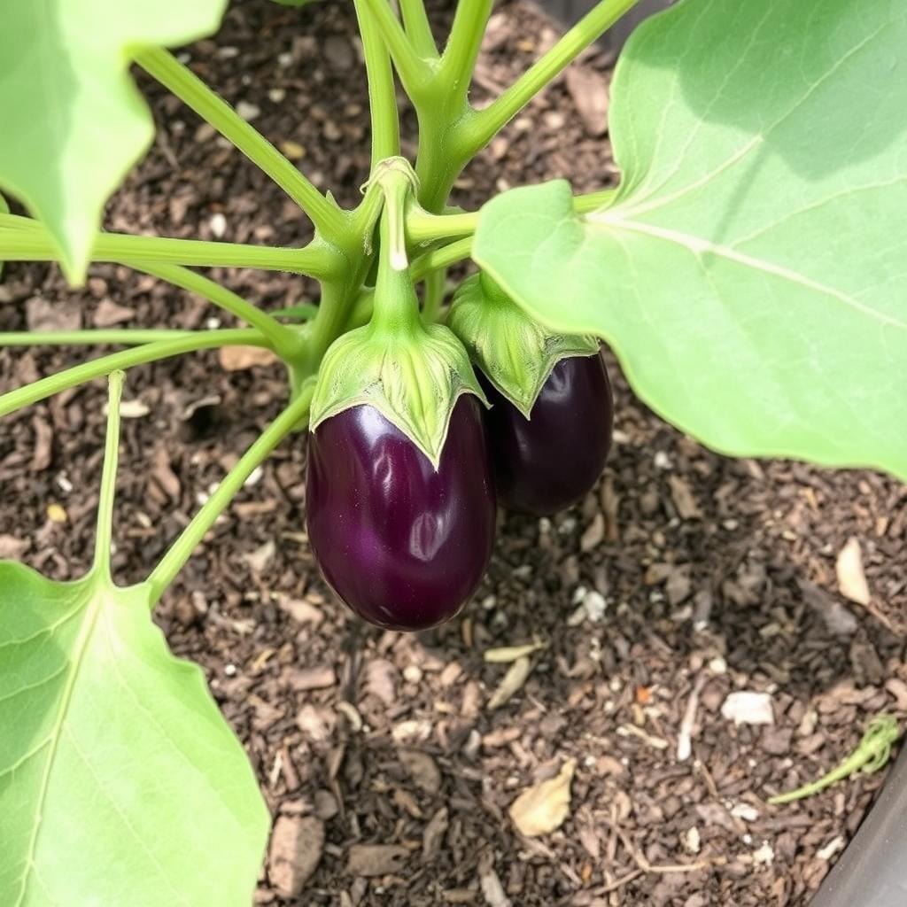 Eggplant growing in a container garden with mulch Eggplant growing in a container garden with mulch
