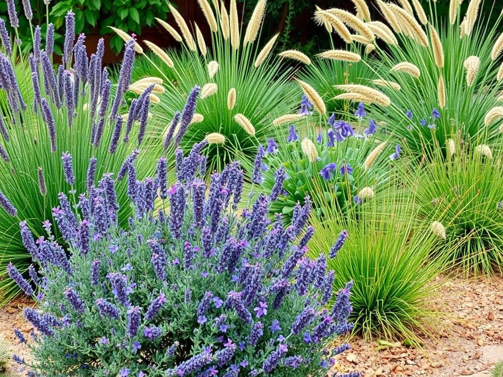Established perennial drought-resistant garden with lavender, sage, and ornamental grasses Established perennial drought-resistant garden with lavender, sage, and ornamental grasses