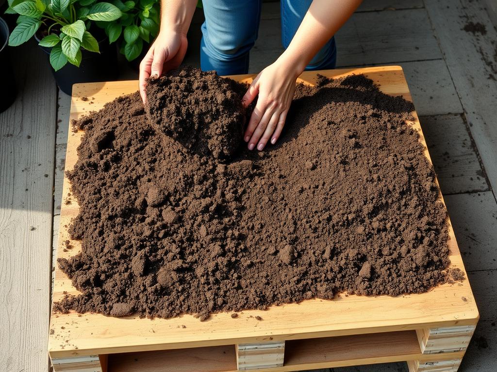 Filling a prepared pallet with potting soil Filling a prepared pallet with potting soil