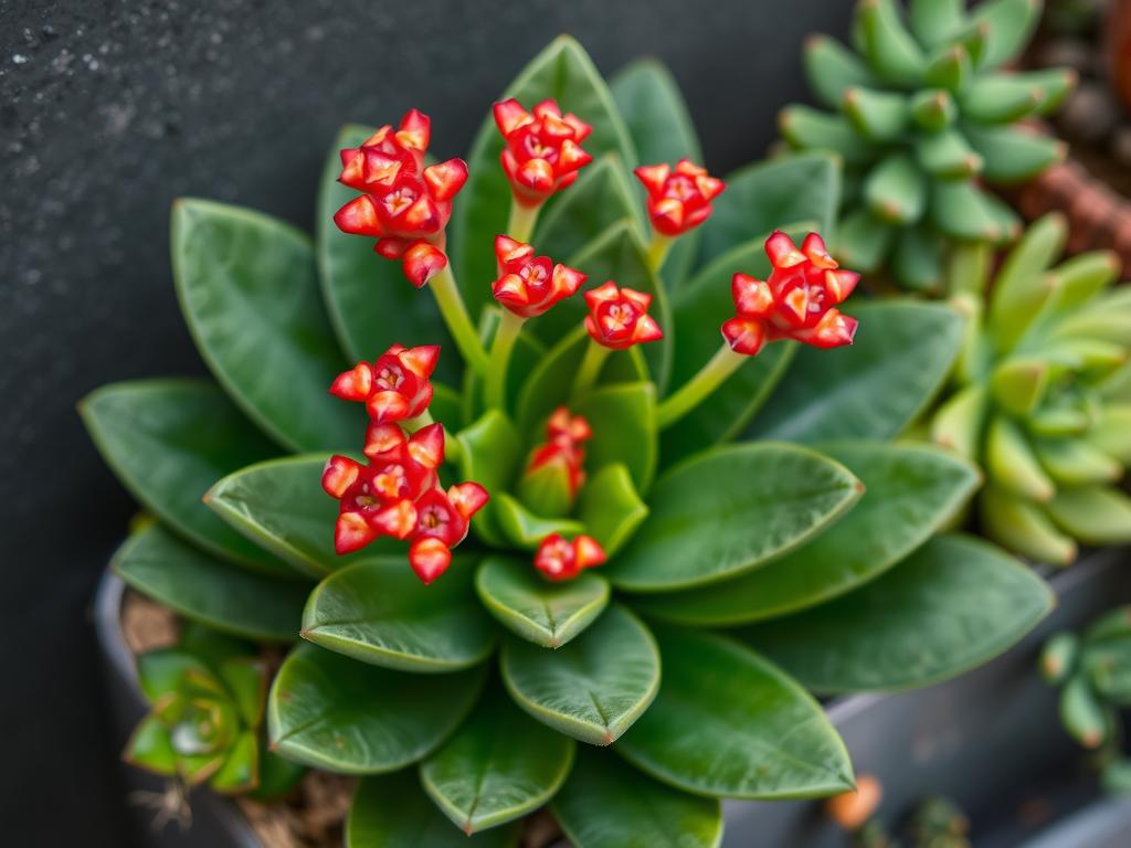 Flowering Kalanchoe with bright red blooms in a vertical garden pocket Flowering Kalanchoe with bright red blooms in a vertical garden pocket