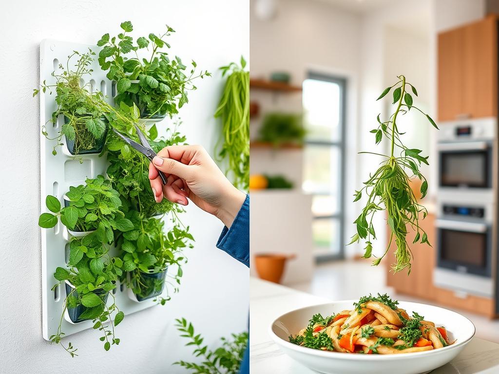 Fresh herbs being harvested from a vertical wall planter and used in cooking Fresh herbs being harvested from a vertical wall planter and used in cooking
