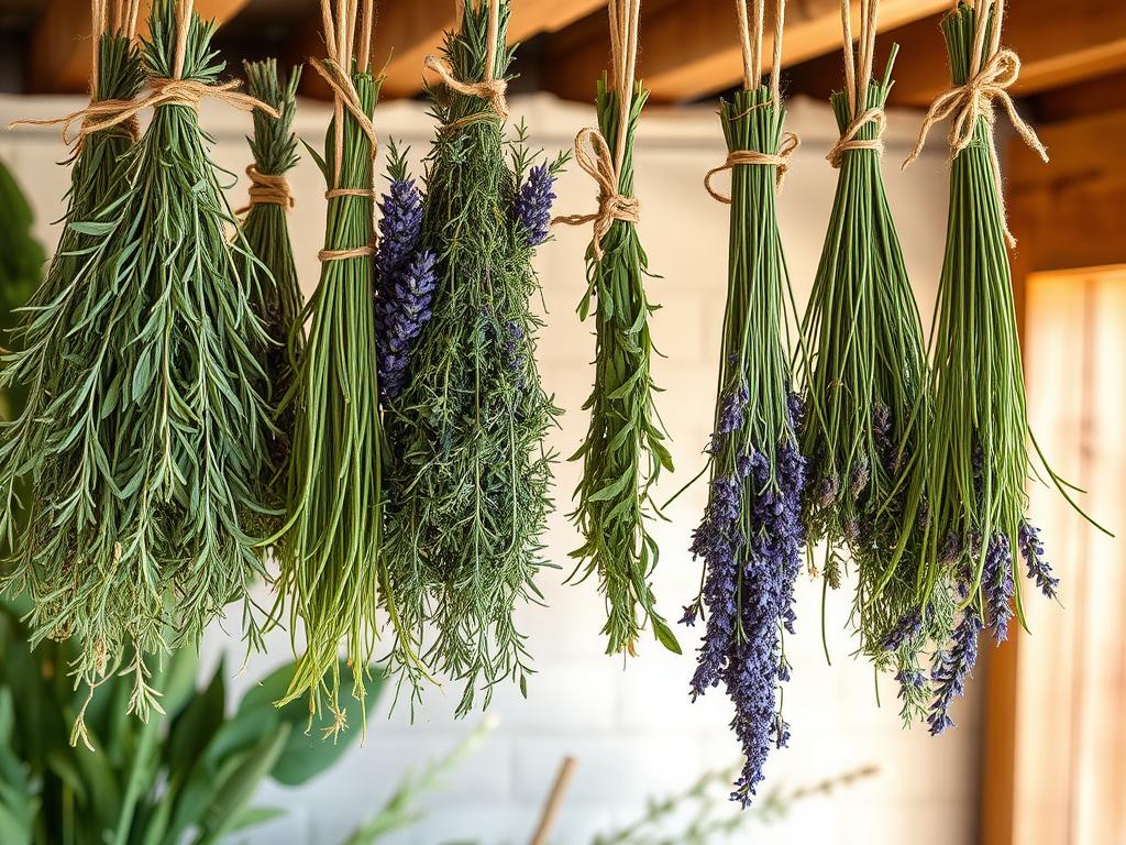 Freshly harvested drought-tolerant herbs being dried in bundles Freshly harvested drought-tolerant herbs being dried in bundles