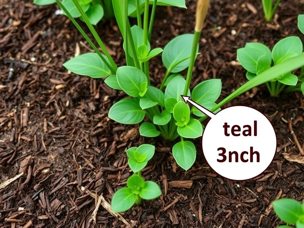 Garden bed with proper mulch application showing the correct depth around plants Garden bed with proper mulch application showing the correct depth around plants