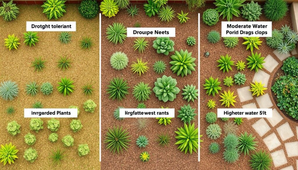 Garden layout showing hydrozoning with plants grouped by water needs Garden layout showing hydrozoning with plants grouped by water needs