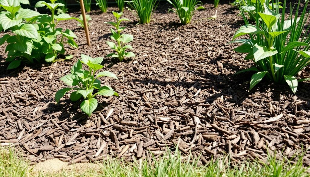 Garden with mulch layer helping to retain soil moisture Garden with mulch layer helping to retain soil moisture