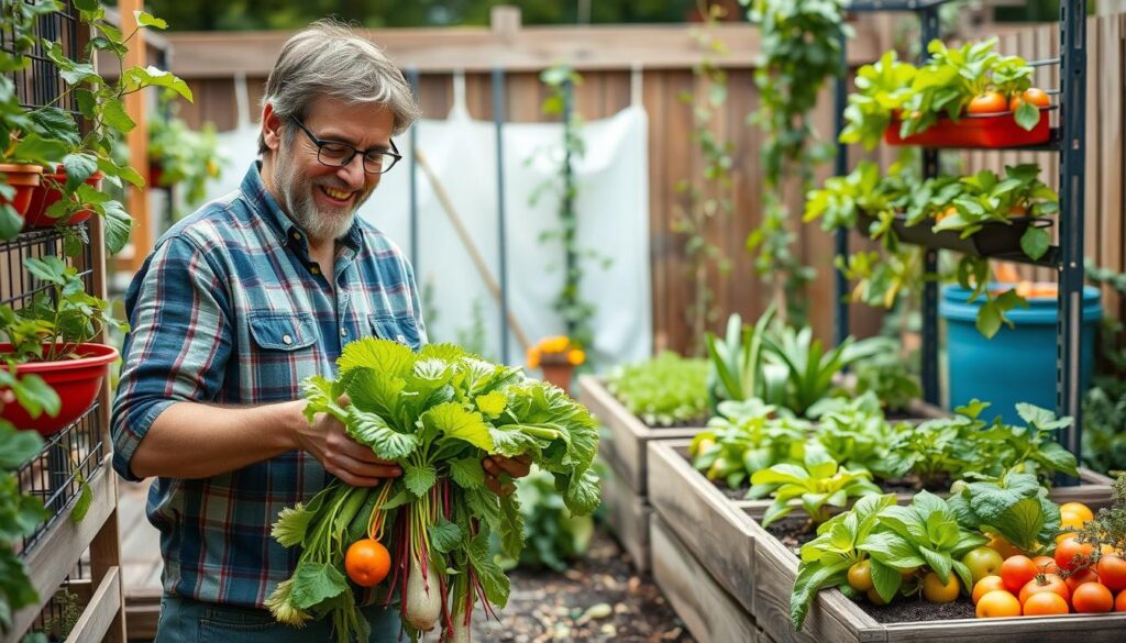 Gardener harvesting vegetables from both vertical and traditional garden sections Gardener harvesting vegetables from both vertical and traditional garden sections