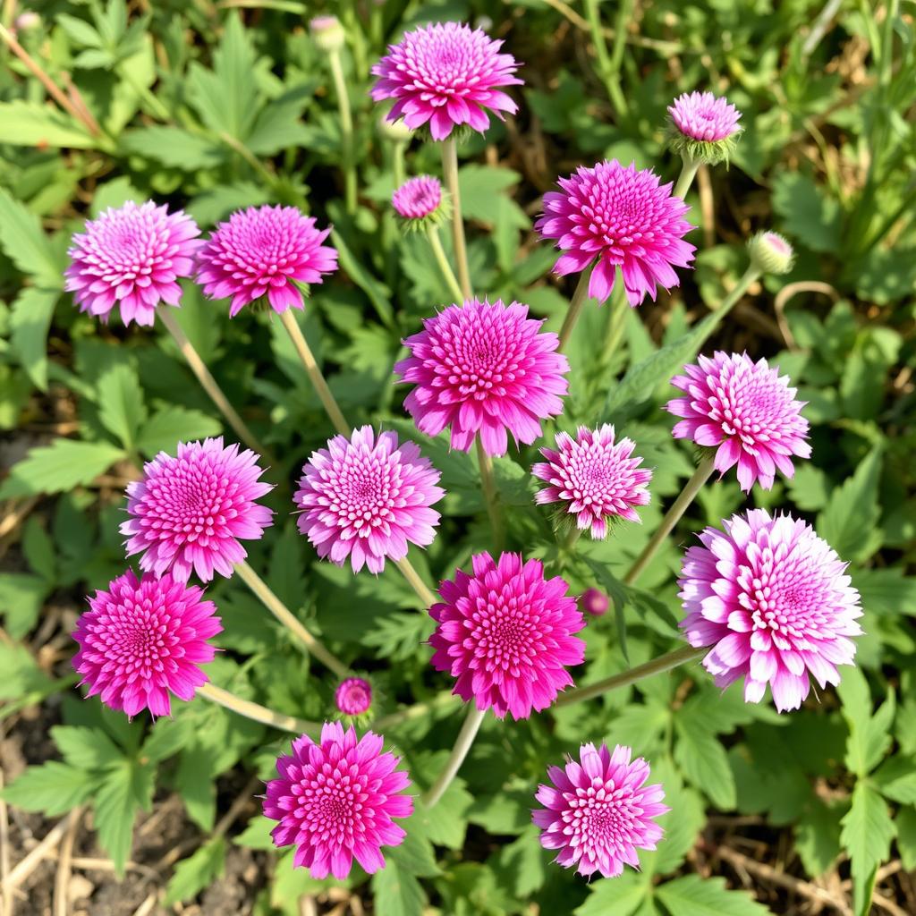 Globe amaranth with round, clover-like flower heads in purple and pink Globe amaranth with round, clover-like flower heads in purple and pink
